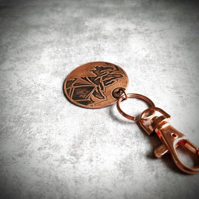 Camping Keychain Etched Copper, Oxidized Patina, Wanderlust, Traveler KeyRing, Starry Sky, Mountain Adventure, Tree Woods, Camper Keychain image 4