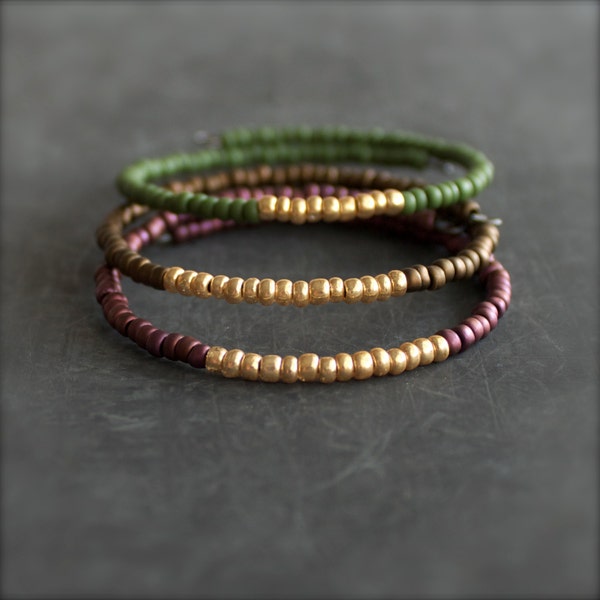 Beaded Wrap Cuff Bangle Bracelet Set Oxblood Matte Maroon Gold Brown Hunter Green Boho Jewellery