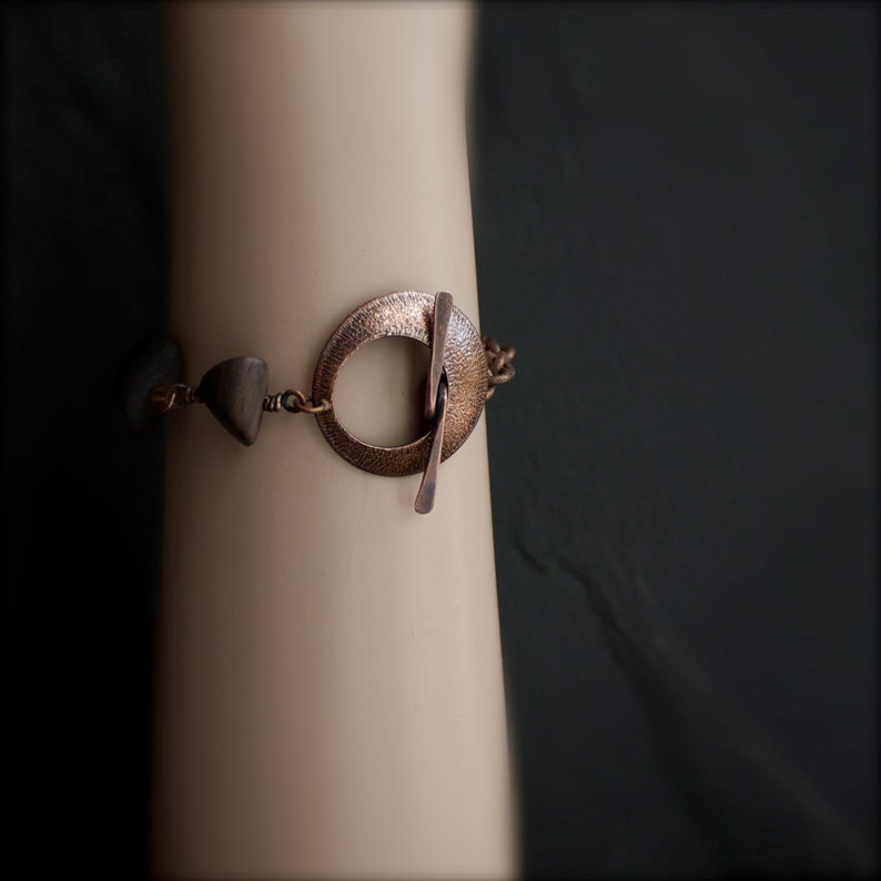 Boho Jewelry Textured Metalwork 3 Copper Chain Dark Rustic Patina Copper Stone Bracelet Brown Mustard Yellow Indian Agate No