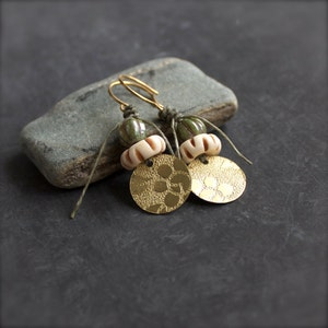 Etched Gold Brass Earrings Floral Dangle Drop Earrings, Rustic Sage Green, Cream Bone, Boho Linen Fiber Jewellery image 2