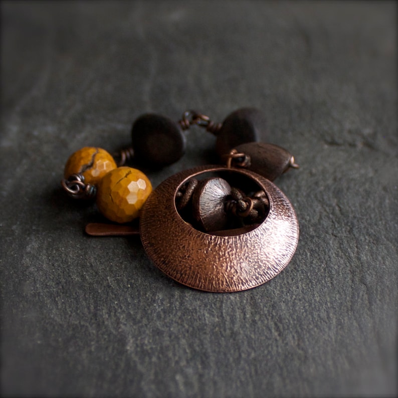 Boho Jewelry Textured Metalwork 3 Copper Chain Dark Rustic Patina Copper Stone Bracelet Brown Mustard Yellow Indian Agate No