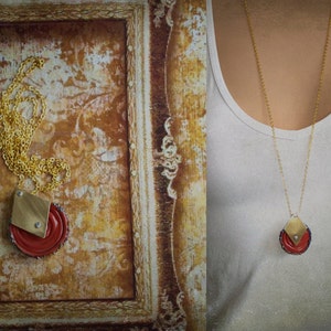 Orange Diamond Pendant Necklace Gold Brass, Modern Geometric, Riveted Metalwork, Artisan Glass, Boho Jewellery image 5