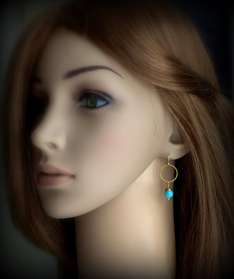 Swing Dangle Gold Brass Hoop Turquoise Hoop Earrings Ornate Beadcap Boho Jewellery Howlite Stone Drop Earrings