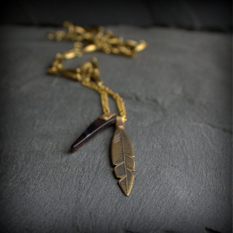 Feather Pendant Necklace Etched Gold Brass Dark Oxidized - Etsy