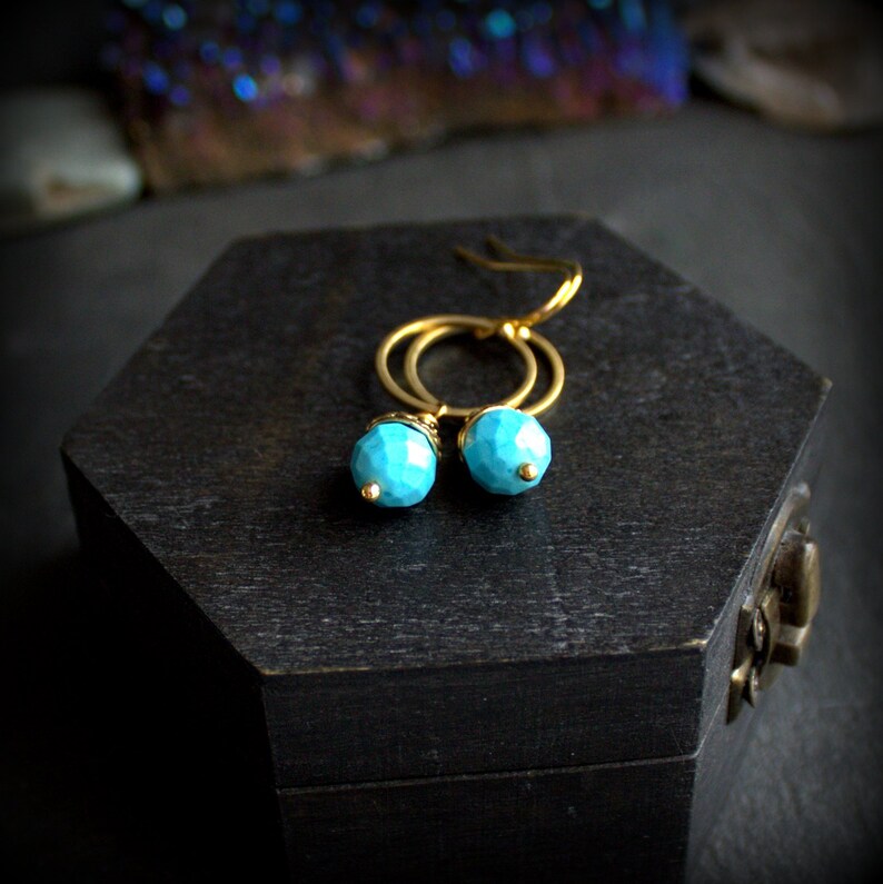 Swing Dangle Gold Brass Hoop Turquoise Hoop Earrings Ornate Beadcap Boho Jewellery Howlite Stone Drop Earrings