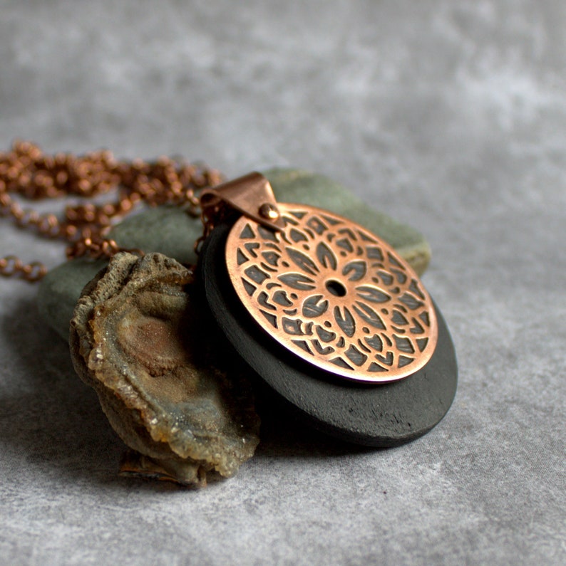 Floral Mandala Necklace Etched Copper, Dark Brown Wood, Oxidized Patina, Metalwork Jewelry, Boho Bohemian Jewelry, Round Circle Pendant image 3