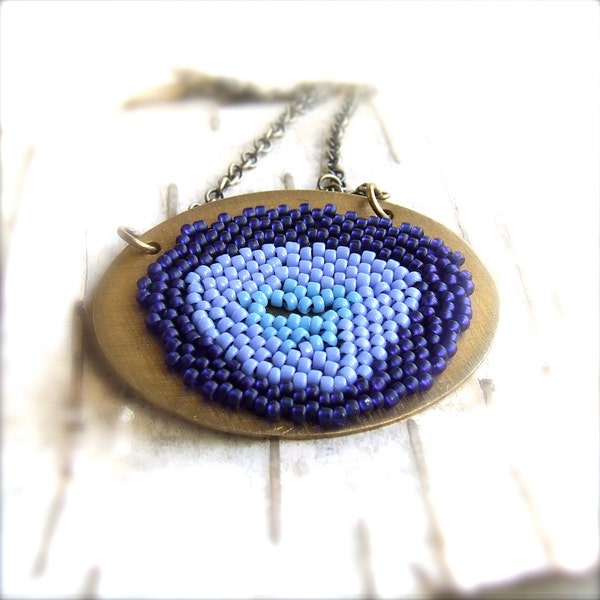 Blue Beadwork Necklace Glass Beaded Brass Beadwoven Geode Slice no.2 Handmade Fashion Jewellery