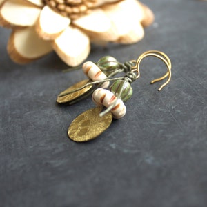 Etched Gold Brass Earrings Floral Dangle Drop Earrings, Rustic Sage Green, Cream Bone, Boho Linen Fiber Jewellery image 3