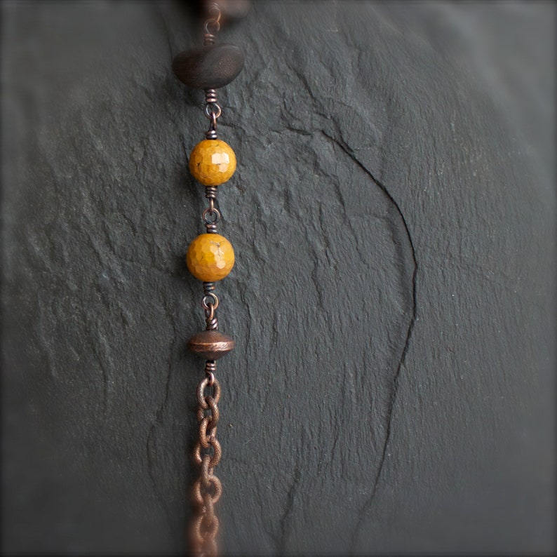 Boho Jewelry Textured Metalwork 3 Copper Chain Dark Rustic Patina Copper Stone Bracelet Brown Mustard Yellow Indian Agate No