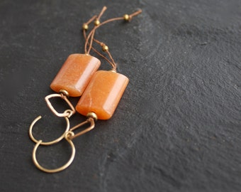 Orange Aventurine Earrings - Stone Dangle, Gold Brass, Rustic Brown Irish Linen Fiber Thread, Metalwork Boho Jewellery