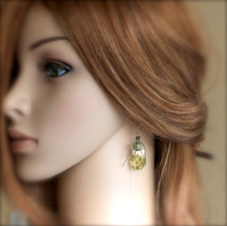 Etched Gold Brass Earrings Floral Dangle Drop Earrings, Rustic Sage Green, Cream Bone, Boho Linen Fiber Jewellery image 5
