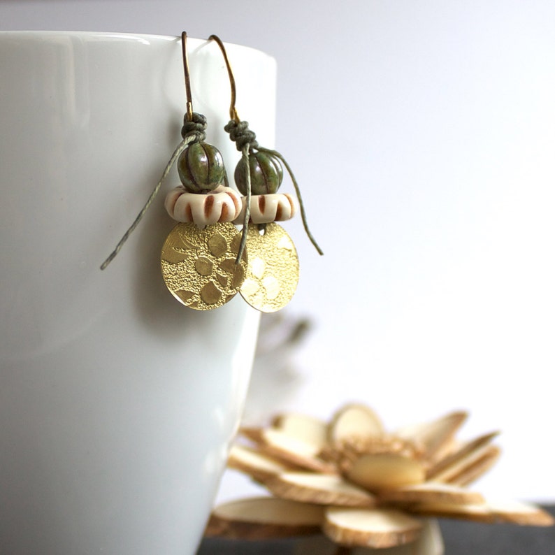 Etched Gold Brass Earrings Floral Dangle Drop Earrings, Rustic Sage Green, Cream Bone, Boho Linen Fiber Jewellery image 4