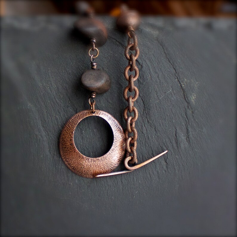 Boho Jewelry Textured Metalwork 3 Copper Chain Dark Rustic Patina Copper Stone Bracelet Brown Mustard Yellow Indian Agate No