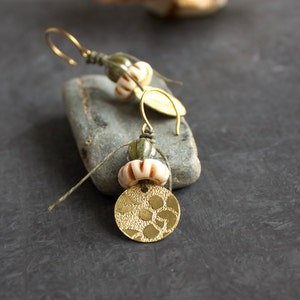 Etched Gold Brass Earrings Floral Dangle Drop Earrings, Rustic Sage Green, Cream Bone, Boho Linen Fiber Jewellery image 1