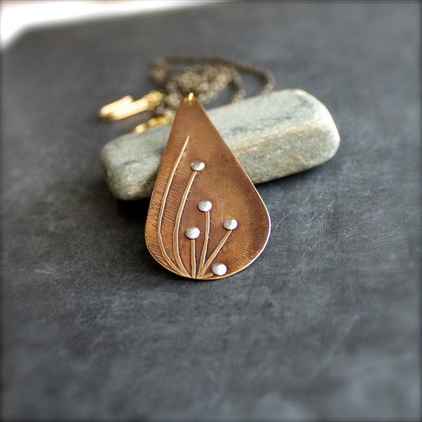 Etched Brass Botanical Pendant Necklace Silver Rivet Floral Teardrop Garden Plant Brown Oxidized Patina Nature Jewelry
