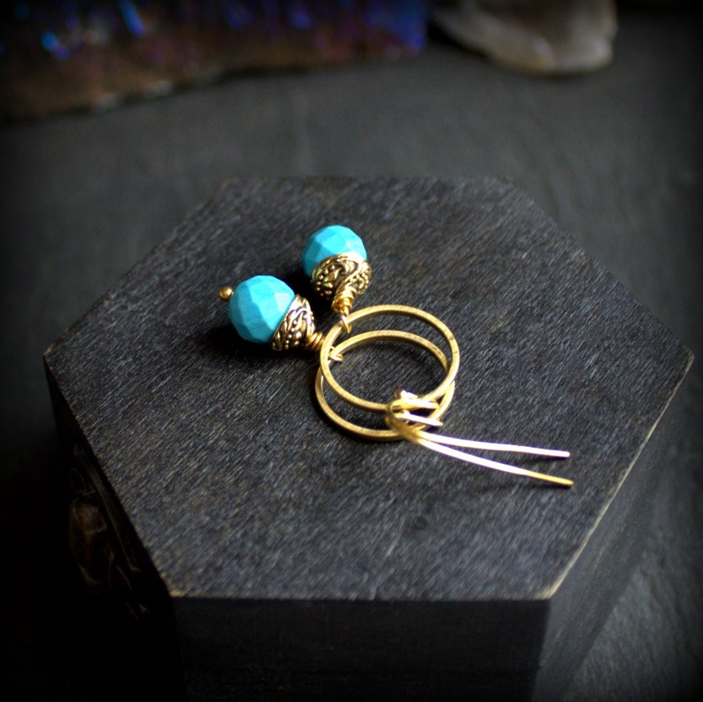 Swing Dangle Gold Brass Hoop Turquoise Hoop Earrings Ornate Beadcap Boho Jewellery Howlite Stone Drop Earrings