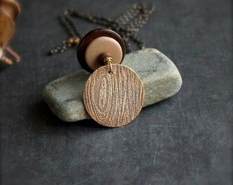 Etched Brass Faux Bois Pendant Necklace Rustic Texture Brown Wood Cream Bone Woodland Nature Boho Jewellery