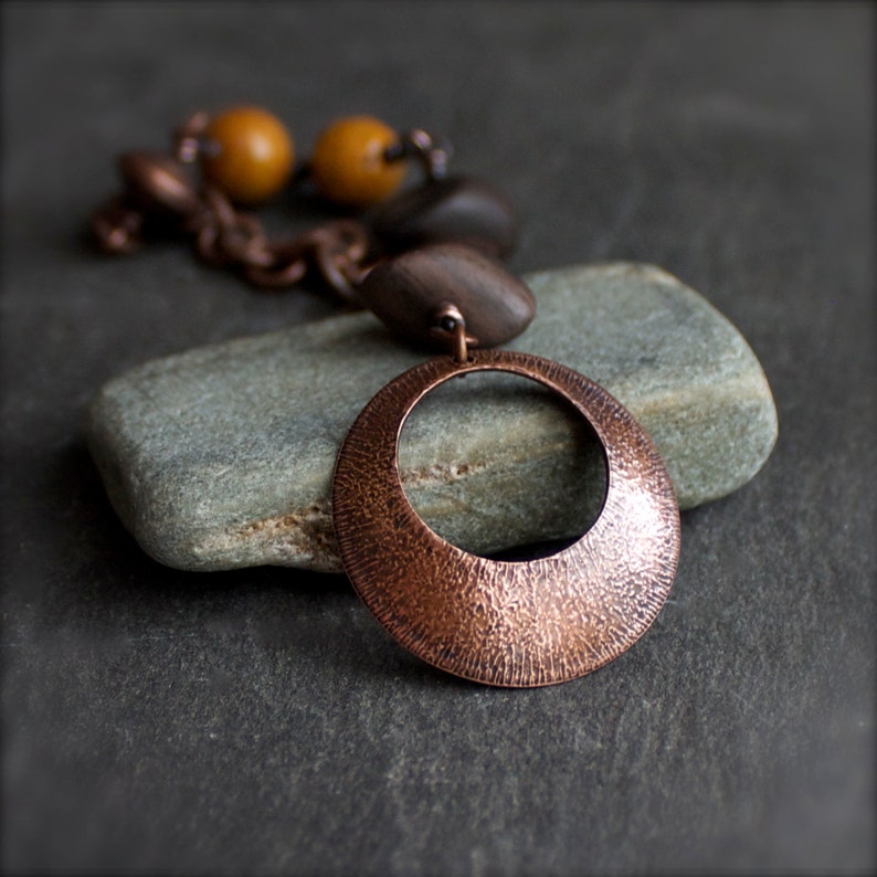 Boho Jewelry Textured Metalwork 3 Copper Chain Dark Rustic Patina Copper Stone Bracelet Brown Mustard Yellow Indian Agate No