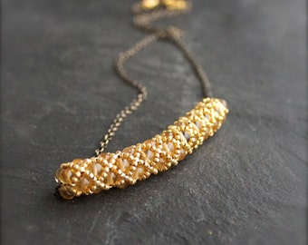 Gemstone Beadwork Necklace - Orange Citrine Stone, Metallic Gold Brass, Beaded Tube, Beadwoven Cimbicid