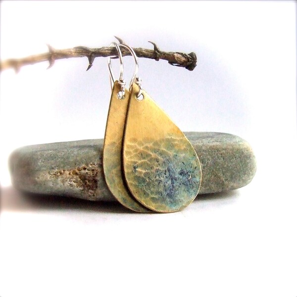 Blue Patinaed Hammered Brass Teardrop- Patina Earrings - Raindrop Dangle Earrings-Jewellery