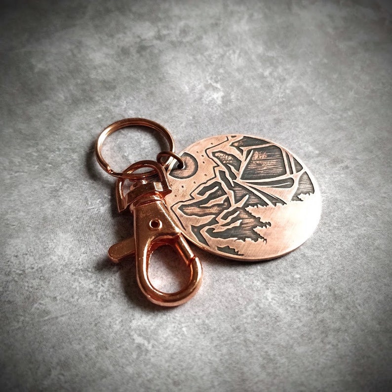 Camping Keychain Etched Copper, Oxidized Patina, Wanderlust, Traveler KeyRing, Starry Sky, Mountain Adventure, Tree Woods, Camper Keychain image 3