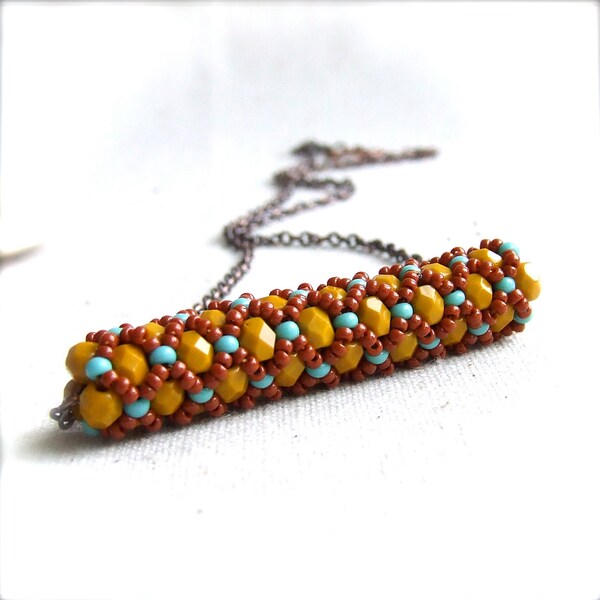 Mustard Red Glass Beaded Woven Tube - BeadWoven Necklace -Cimbicid in Mustard - Fall Fashion