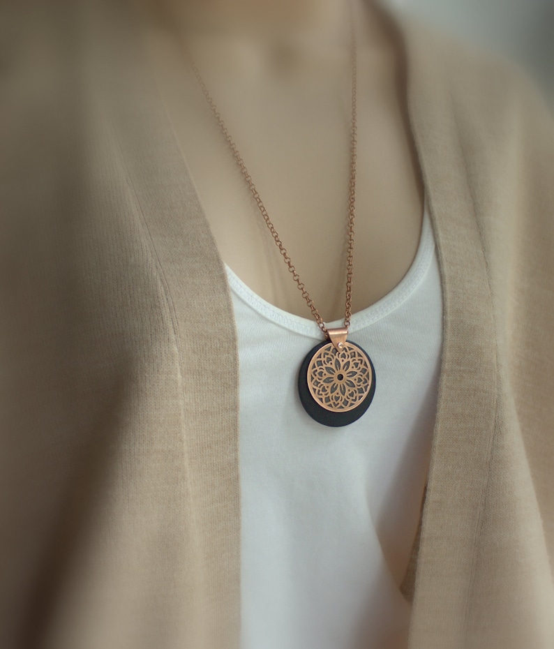 Floral Mandala Necklace Etched Copper, Dark Brown Wood, Oxidized Patina, Metalwork Jewelry, Boho Bohemian Jewelry, Round Circle Pendant image 7