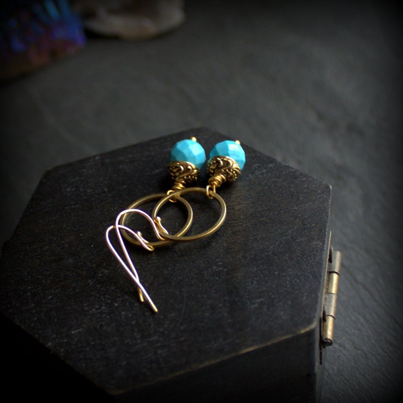 Swing Dangle Gold Brass Hoop Turquoise Hoop Earrings Ornate Beadcap Boho Jewellery Howlite Stone Drop Earrings
