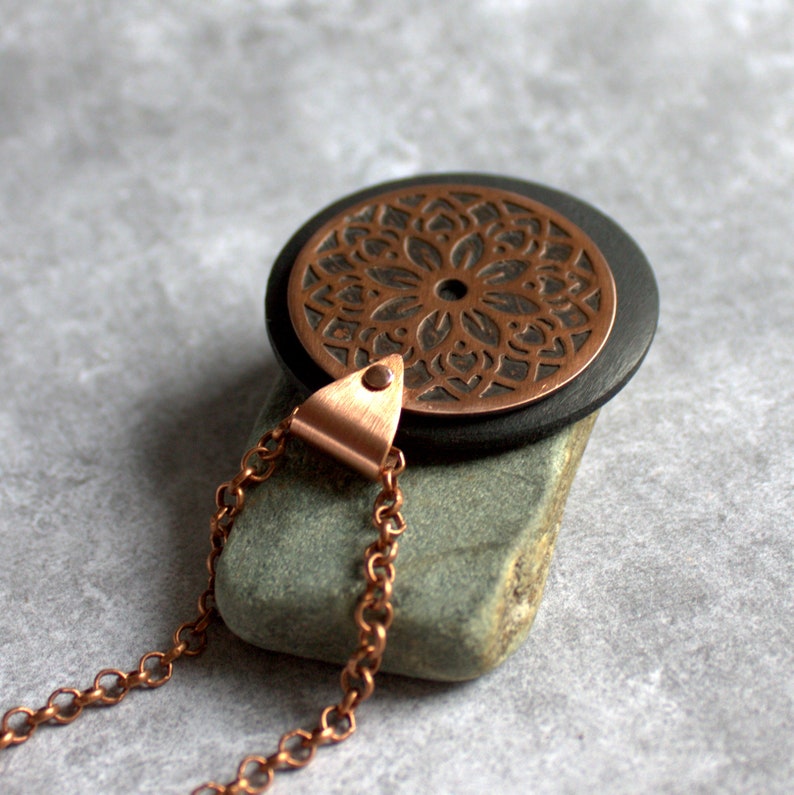 Floral Mandala Necklace Etched Copper, Dark Brown Wood, Oxidized Patina, Metalwork Jewelry, Boho Bohemian Jewelry, Round Circle Pendant image 4