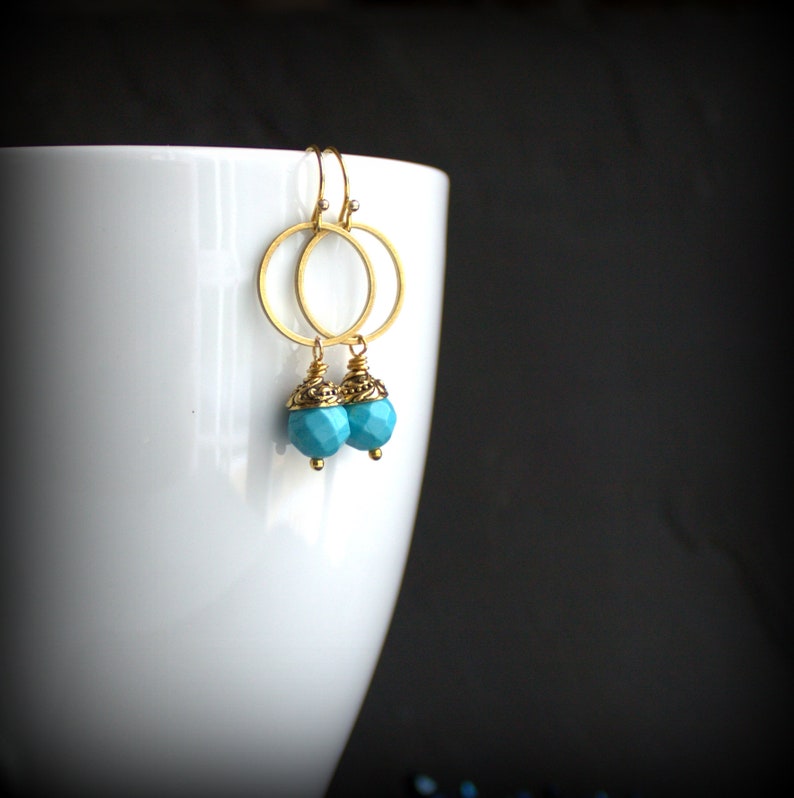Swing Dangle Gold Brass Hoop Turquoise Hoop Earrings Ornate Beadcap Boho Jewellery Howlite Stone Drop Earrings