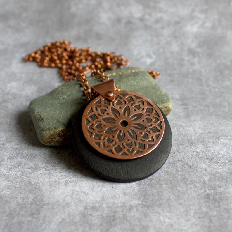 Floral Mandala Necklace Etched Copper, Dark Brown Wood, Oxidized Patina, Metalwork Jewelry, Boho Bohemian Jewelry, Round Circle Pendant image 2