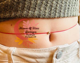 Handmade 14K Gold Bead Kabbalah Waist Chain: Red String Belly Chain