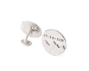 Cuff Links - Customized Date, Couple&#39;s Initials, Mountain Range - Sterling Silver