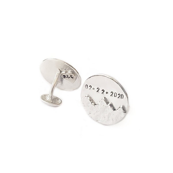 Cuff Links - Customized Date, Couple's Initials, Mountain Range - Sterling Silver