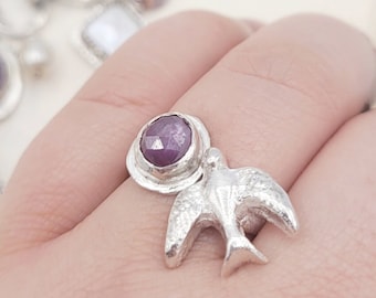 Bird Ring US Size 7 - 8 Adjustable Open Design -Shimmery Pink Sapphire