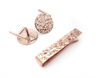 Cuff Links Tie Bar Set - Dappled Copper- Hidden Heart - Hammered Texture