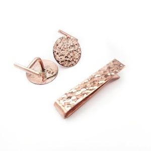 Cuff Links Tie Bar Set - Dappled Copper- Hidden Heart - Hammered Texture