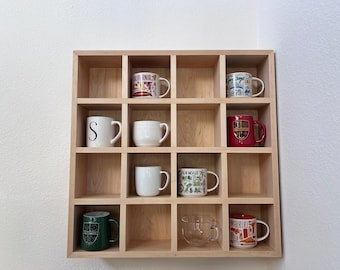 Solid Maple Wall Mounted Mug Display, 16 Cubby Coffee Cup Holder, Kitchen Cabinet Shelf