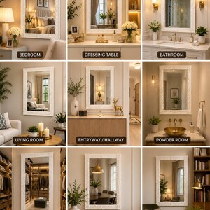 May include: A rectangular wall mirror featuring a thick, ornate white frame with intricate floral carvings. The mirror is displayed in nine different interior settings including a bedroom, dressing table, bathroom, living room, entryway, powder room, walk-in closet, dining room, and reading corner.