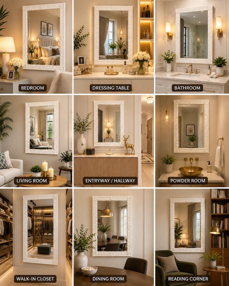 May include: A rectangular wall mirror featuring a thick, ornate white frame with intricate floral carvings. The mirror is displayed in nine different interior settings including a bedroom, dressing table, bathroom, living room, entryway, powder room, walk-in closet, dining room, and reading corner.
