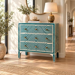 Handcrafted Bone Inlay Dresser, Teal Floral Storage Cabinet, Luxury Indian Furniture, Elegant Entryway Chest