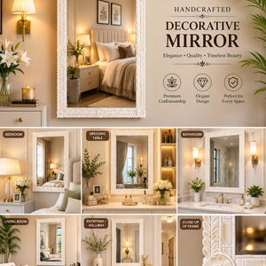 May include: A rectangular wall mirror with a white, ornate, carved floral frame. The mirror reflects various interior settings including a bedroom, dressing table, bathroom, living room, and entryway. A close-up shows the detailed leaf and flower pattern.
