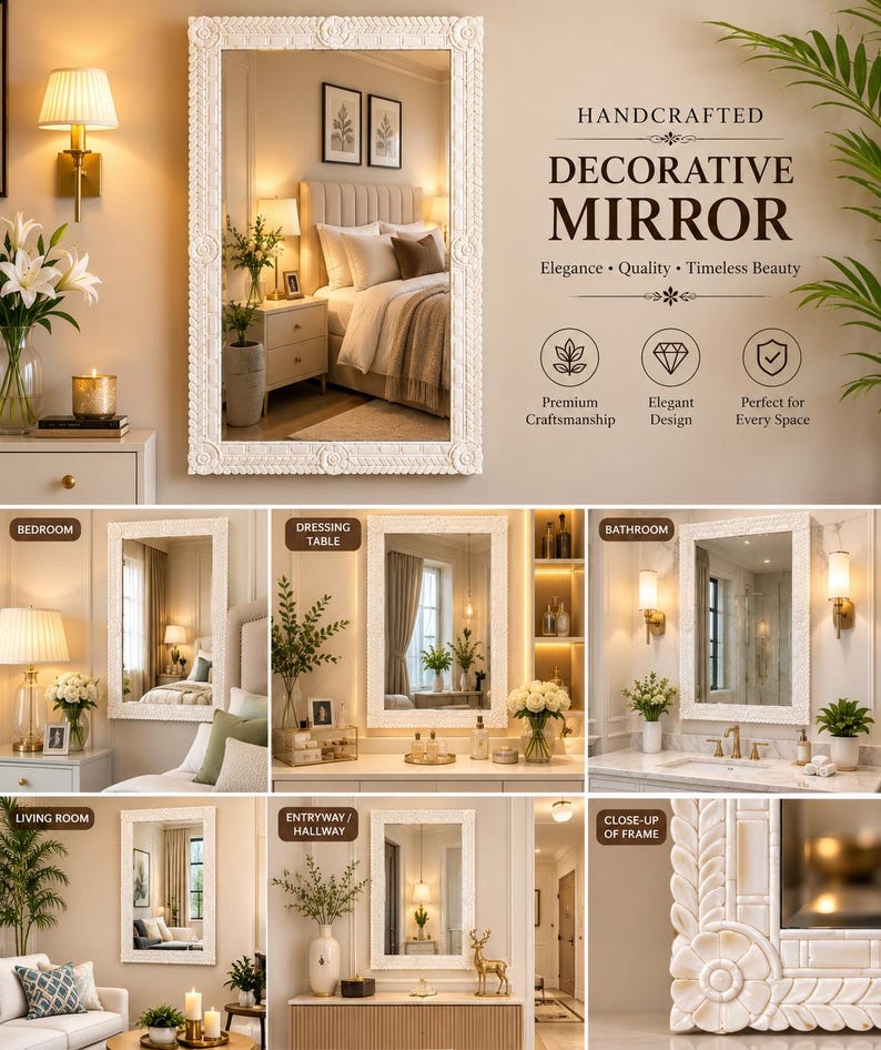 May include: A rectangular wall mirror with a white, ornate, carved floral frame. The mirror reflects various interior settings including a bedroom, dressing table, bathroom, living room, and entryway. A close-up shows the detailed leaf and flower pattern.