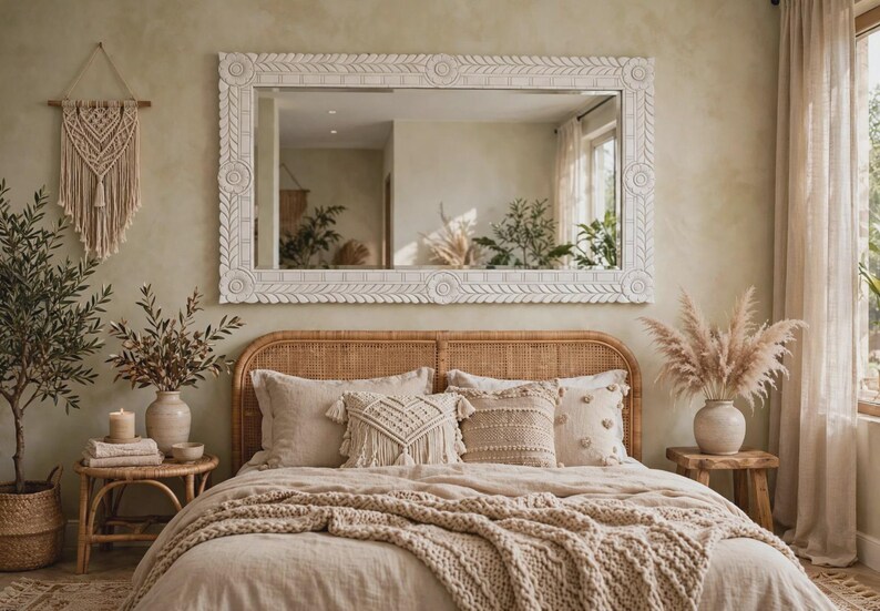 May include: A large rectangular wall mirror with a white carved wooden frame featuring floral and leaf motifs. The mirror is mounted above a bed with a natural rattan headboard, beige bedding, and several decorative throw pillows.