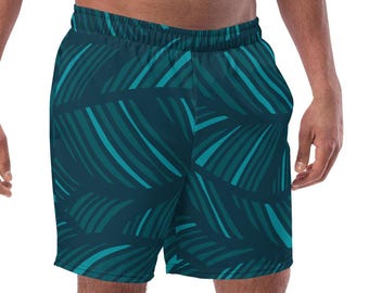 Recycled Mens Swim Trunks, Midnight Palm Print, Eco Friendly Board Shorts