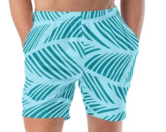 Recycled Palm Print Swim Trunks, Teal Tropical Board Shorts, Eco Friendly Men's Swimwear