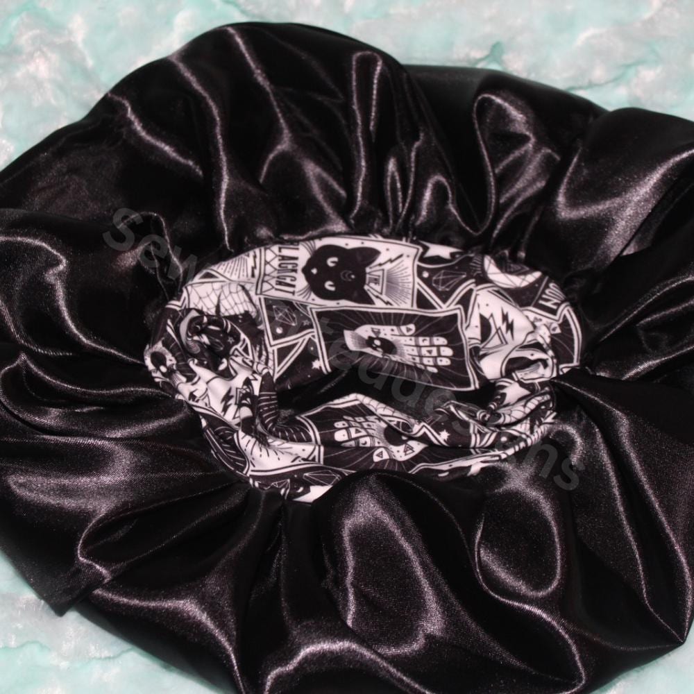 Black Satin Bonnet with Halloween Headband | Hair Protection Sleep Cap | Black and White Satin Bonnet for Halloween