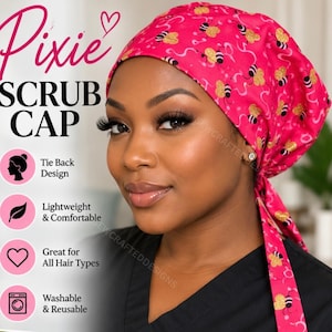 May include: A bright pink scrub cap featuring a repeating pattern of small bees with gold glitter wings. The cap has a tie-back design. Text on the image includes Pixie SCRUB CAP, Tie Back Design, Lightweight & Comfortable, Great for All Hair Types, and Washable & Reusable.