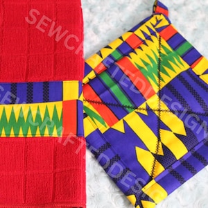 May include: A red kitchen towel and a square pot holder with a colorful geometric pattern. The towel has a textured surface and a band of blue, yellow, green, and red. The pot holder features a vibrant patchwork design in blue, yellow, green, and red.
