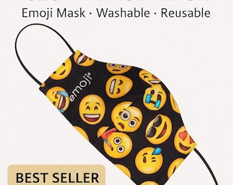 Emoji Face Mask: Reusable Black Cotton, Fun Print, Washable